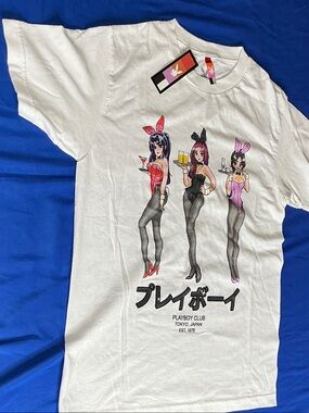 PLAYBOY White Tee with Pink, Red and Black Anime Bunny Girls